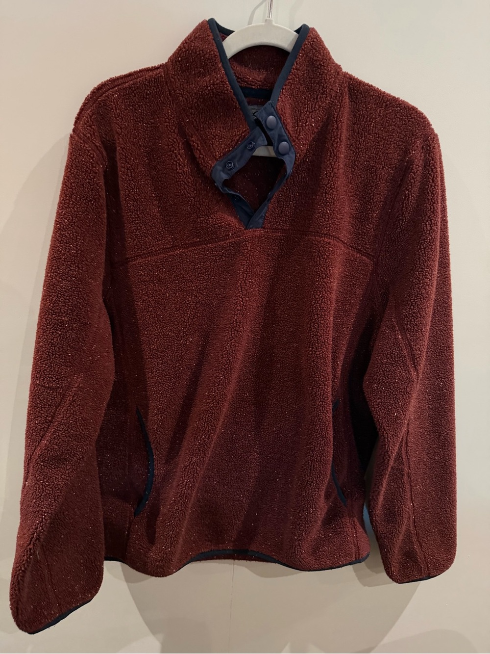 J. Crew Men's Burgundy Zip-Up Fleece with Navy Trim